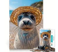 Puzzle de 1000 pièces Phoque au Chapeau de Paille pour Adolescents, Jeu Mental, Moment de détente, découpe Premium, Cadeau Artistique (38x52cm)