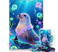 Puzzle de 1000 pièces Phoque dans l'océan et méduse pour Adolescents améliore la mémoire, se détend mentalement, Cadeau créatif aux Bords Nets (38x26cm)