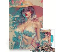 Puzzle de 1000 pièces Pin-up Blonde d'été avec Chapeau et Fleurs pour Adolescents Améliore la mémoire, Jeu apaisant, Bords Nets, Cadeau de Noël 38x26cm