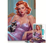 Puzzle de 1000 pièces Pin-up rousse et Chat Grincheux pour Adolescents Jeu de logique et de Train Silencieux et Amusant Découpe Lisse Joli Cadeau (50x75cm)