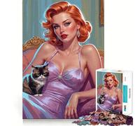 Puzzle de 1000 pièces Pin-up rousse et Chat Grincheux pour Adultes améliore la mémoire, Divertissement paisible, pour Les fêtes (38x52cm)