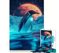 Puzzle de 1000 pièces Pingouin sous la Lune Rouge pour Adolescents améliore la mémoire, se détend, Bords précis, Cadeau créatif (38x52cm)