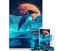 Puzzle de 1000 pièces Pingouin sous la Lune Rouge pour Adolescents, Jeu de logique et de Train, Anti-Stress, découpe Lisse, Cadeau mémorable (50x75cm)