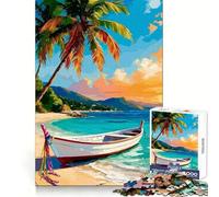Puzzle de 1000 pièces Plage Tropicale avec Bateau et Palmier pour Adolescents Pratique de la logique, Plaisir Facile, Bords Nets, Cadeau Symbolique (38x26cm)