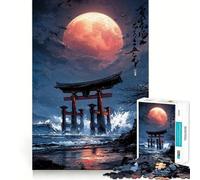 Puzzle de 1000 pièces Porte Torii sous Une Lune Rouge pour Adultes, Jeu de réflexion Amusant et décontracté, découpe de précision, Cadeau Artistique 38x52cm