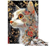 Puzzle de 1000 pièces Portrait de Chat orné de détails Floraux Puzzle pour Adolescents Assemblage du Motif Entraînement du Cerveau et de la dextérité Cadeau pour Amis et Famille (75x50cm/1000 pièces)