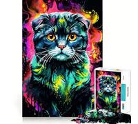 Puzzle de 1000 pièces Portrait de Chat Scottish Fold néon pour Adultes, Jouet Intelligent et Amusant, Bords Lisses, pour Les fêtes (38x26cm)