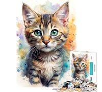 Puzzle de 1000 pièces Portrait de Chaton Aquarelle Défi éducatif Jeu Familial Stimulant Convient aux Personnes de 14 Ans et Plus (38x52cm)