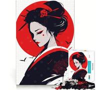 Puzzle de 1000 pièces Portrait de Geisha Japonaise avec Soleil Rouge Illustration Minimaliste Jeu à Assemblage Facile pour se détendre et Passer Un Bon Moment Décoration de Noël (38x26cm)