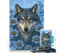 Puzzle de 1000 pièces Portrait de Loup avec Fleurs Bleues pour Adolescents Jeu de mémoire et de Concentration Qualité Professionnelle Activité relaxante en Groupe à l'intérieur (50x75cm)