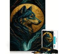 Puzzle de 1000 pièces Portrait de Loup avec Lune dorée pour Adultes,Exercice Mental Amusant,découpe Laser de qualité supérieure,activité relaxante en Groupe à l'intérieur (38x26cm)