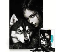 Puzzle de 1000 pièces Portrait de Loup et de Femme,Jeu de mémoire Amusant et sans bavures,Surface Lisse,défi divertissant pour Les Loisirs (38x52cm)