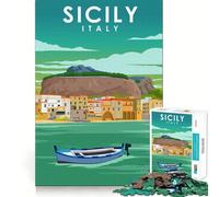 Puzzle de 1000 pièces pour Adolescents, Affiche de Voyage en Sicile, Italie, pièces à emboîter, Jeu de logique Amusant et Calme, activité Artistique pour Un Anniversaire (38x52cm)