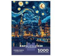 Puzzle De 1000 Pièces pour Adolescents Amsterdam Netherlands Starry Night Art Puzzles pour Adultes Vacances À La Maison Tuer Le Temps Chaque Pièce Est Unique pour Les Jeux 38x26cm/1000p