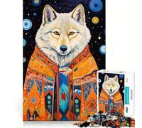 Puzzle de 1000 pièces pour Adolescents Animaux Tribaux Loup Blanc Découpe Nette Jeu cognitif Amusant Loisirs créatifs Décoration de Noël pour la Maison (38x52cm)