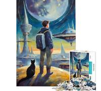 Puzzle de 1000 pièces pour Adolescents Aventure Spatiale avec Un Chat Jeu Stimulant Anti-Stress pour Un Père Noël Secret (38x52cm)