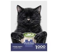 Puzzle De 1000 Pièces pour Adolescents Black Cat Holding Matcha Latte Puzzles pour Adultes Vacances À La Maison Tuer Le Temps Chaque Pièce Est Unique pour Les Jeux 38x26cm/1000pcs