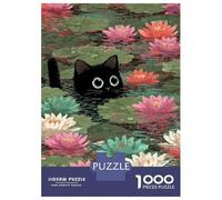 Puzzle De 1000 Pièces pour Adolescents Black Cat in Lily Pond Pixel Art Puzzle Jeux De Famille Décoration Murale Cadeaux Uniques pour Anniversaire Et Noël 38x26cm/1000pcs