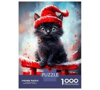 Puzzle De 1000 Pièces pour Adolescents Black Cat in Red Hat Puzzle Adulte Jeux De Famille Une Œuvre d'art Cadeaux Uniques d'anniversaire Et De Noël 52x38cm/1000pcs