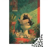 Puzzle De 1000 Pièces pour Adolescents Black Cat Reading Newspaper on Toilet Puzzle Adulte Jeu Familial Analyse Et Logique Cadeaux d'anniversaire Et Cadeaux Uniques 52x38cm/1000pcs