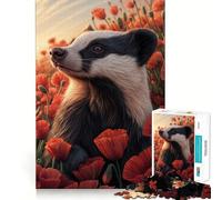 Puzzle de 1000 pièces pour Adolescents Blaireau dans Un Champ de Coquelicots Découpe soignée Jeu cognitif Jouet pour Passer Le Temps Libre Cadeau apaisant de Noël (38x52cm)