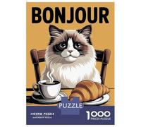 Puzzle De 1000 Pièces pour Adolescents Bonjour Mon Amour Cat with Coffee and Croissant Puzzles pour Adultes Jeux Relaxants, Amusants Et Humoristiques, Idéal comme Cadeau 52x38cm/1000pcs