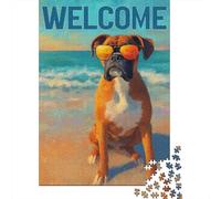 Puzzle De 1000 Pièces pour Adolescents Boxer Dog Beach Welcome Sign Puzzles pour Adolescents, Jeu De Réflexion, Améliore La Mémoire, Activités Amusantes À La Maison, 38x26cm/1000pcs