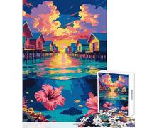 Puzzle de 1000 pièces pour Adolescents Bungalows tropicaux sur pilotis avec scène sous-Marine Décoration intérieure Jouet Cadeau d'anniversaire Jeu Relaxant Activités ludiques à la Maison 50x75cm