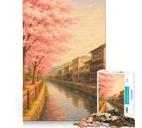 Puzzle de 1000 pièces pour Adolescents Canal en Fleurs de Cerisier dans Une Ville Japonaise Illustration épurée Jeu de logique Loisirs Cadeau d'anniversaire Artistique (50x75cm)