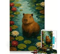 Puzzle de 1000 pièces pour Adolescents Capybara dans Un étang de nénuphars,Jeu de Loisirs créatifs et cognitifs,idéal pour Les Temps Morts,décoration de Noël (38x26cm)