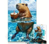Puzzle de 1000 pièces pour Adolescents Capybara savourant Une Noix de Coco dans l'océan Découpe précise Jeu de Concentration Amusant et Relaxant Cadeau d'anniversaire Original (50x75cm)