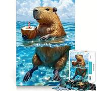 Puzzle de 1000 pièces pour Adolescents Capybara savourant Une Noix de Coco dans l'océan,Jeu de Loisirs créatifs et cognitifs,idéal pour Les Temps Morts,décoration de Noël (38x52cm)