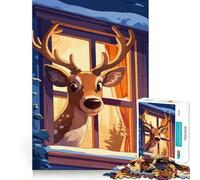 Puzzle de 1000 pièces pour Adolescents Cerf de Dessin animé regardant par la fenêtre Découpe Nette Jeu cognitif Amusant Jeu pour Passer Le Temps Décoration de Noël pour la Maison (38x52cm)