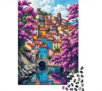 Puzzle De 1000 Pièces Pour Adolescents Charming Italian Village with Cherry Blossoms Puzzle Pour Adolescents Activités Familiales Interaction Parent-enfant Cadeaux Pour Amis Et Famille 38x26cm/1000pcs