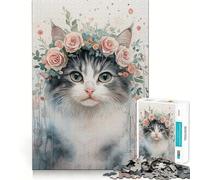Puzzle de 1000 pièces pour Adolescents Chat à Couronne de Fleurs Design Finement découpé Jeu de Concentration pour se détendre et Passer Un Moment agréable Cadeau de Noël ou de Loisirs