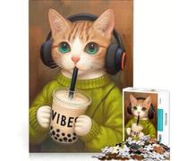 Puzzle de 1000 pièces pour Adolescents Chat avec Casque Audio et Bubble Tea, décoration Murale, stimule la motricité Fine et l'intelligence, pour Les Gamers 38x26cm
