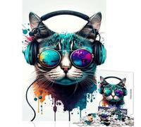 Puzzle de 1000 pièces pour Adolescents Chat avec Casque Audio Jouet Musical DJ Décoration Murale Cadeau de Noël Secret Jeu de Construction Renforce l'amour au Sein du Couple Dimensions 50x75cm