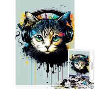 Puzzle de 1000 pièces pour Adolescents Chat avec Casque Audio Jouet Musical DJ Décoration Murale Cadeau de Noël Secret Jeu de Construction Renforce l'amour au Sein du Couple Dimensions 38x52cm