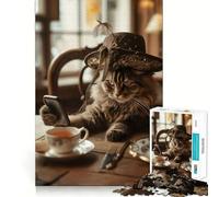 Puzzle de 1000 pièces pour Adolescents Chat chapeauté avec Smartphone,découpe précise,Jeu de Concentration Amusant,détente,Cadeau d'anniversaire (50x75cm)