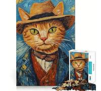 Puzzle de 1000 pièces pour Adolescents Chat chapeauté Peinture Découpe Fine Jeu d'entraînement à la Concentration Jeu Amusant et Calme Cadeau de Noël Amusant (38x26cm)