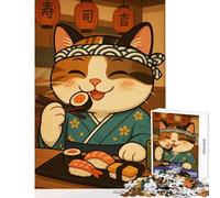 Puzzle de 1000 pièces pour Adolescents Chat Chef dégustant des sushis Jeu de réflexion pour Toute la Famille Décoration Murale Interaction Parent-Enfant (38x26cm)
