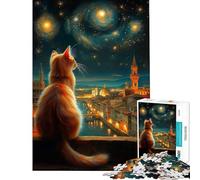 Puzzle de 1000 pièces pour Adolescents Chat contemplant Florence sous Un Ciel étoilé Jeu de réflexion pour Adultes Stimulant la mémoire Cadeau Unique pour Anniversaire et Noël (38x26cm)