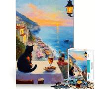 Puzzle de 1000 pièces pour Adolescents Chat contemplant Le Coucher de Soleil sur la côte Italienne,découpe Nette,Puzzle logique,Jeu de Loisirs,Cadeau d'anniversaire Artistique (50x75cm)