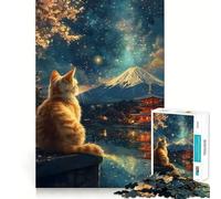 Puzzle de 1000 pièces pour Adolescents Chat contemplant Le Mont Fuji et Une pagode au Japon,inspiré de Van Gogh Jeu de logique et d'assemblage précis Jeu Calme et Amusant Activité Artistique idéale