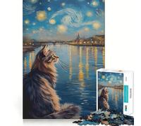 Puzzle de 1000 pièces pour Adolescents Chat contemplant Une rivière sous Un Ciel étoilé,découpe Nette,Jeu cognitif,Cadeau pour des Moments de Calme,décoration de Noël (38x52cm)