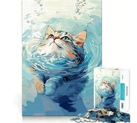 Puzzle de 1000 pièces pour Adolescents Chat dans l'eau Art numérique Bords Nets Jeu de Concentration Jeu de Relaxation Cadeau d'anniversaire Amusant (38x52cm)