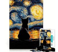 Puzzle de 1000 pièces pour Adolescents Chat dans Une Nuit étoilée Jeu de réflexion Amusant et Stimulant Loisirs Décoration de Noël pour la Maison (38x52cm)