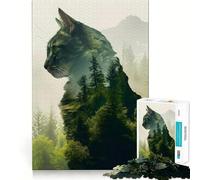 Puzzle de 1000 pièces pour Adolescents Chat en Double Exposition dans la forêt Découpe précise Jeu de Concentration Amusant et Relaxant Cadeau d'anniversaire Original (50x75cm)