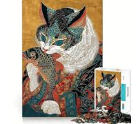 Puzzle de 1000 pièces pour Adolescents : Chat et Poisson Style Ukiyo-e,découpe précise,activité Manuelle,Exercice Mental,Jeu Amusant et Relaxant,activité d'anniversaire (50x75cm)