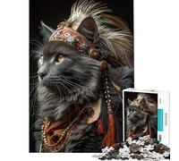 Puzzle de 1000 pièces pour Adolescents Chat Gris coiffé d'une Parure amérindienne Puzzle pour Adultes Jeu de détente Assemblage de Motifs Cadeau Unique pour Anniversaire et Noël (38x26cm)